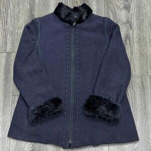 VINTAGE 80s Hilary Radley Wool Jacket M Navy Fur Trim Leather Braided Full Zip